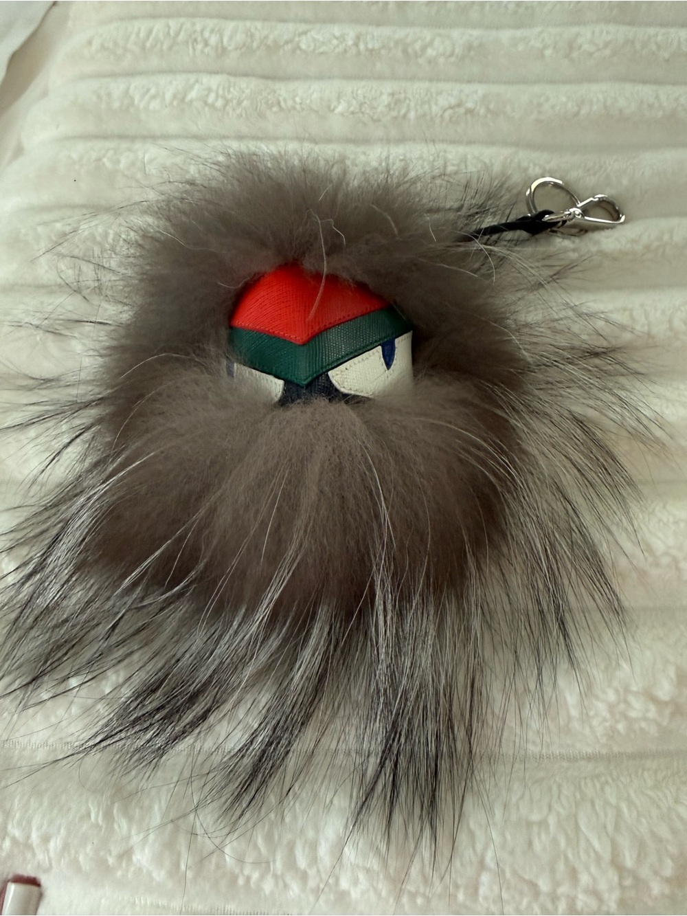 Fendi Gray Fur Pom-Pom Bag Charm with Red, Green & White Face Accent